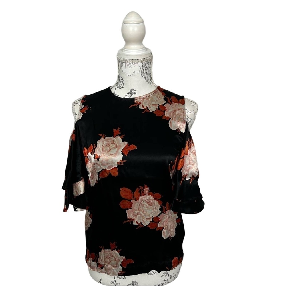 Ganni‎ Pation Satin Floral Cold Shoulder Ruffle Sleeve Blouse Black Pink Size 34 - Picture 7 of 11